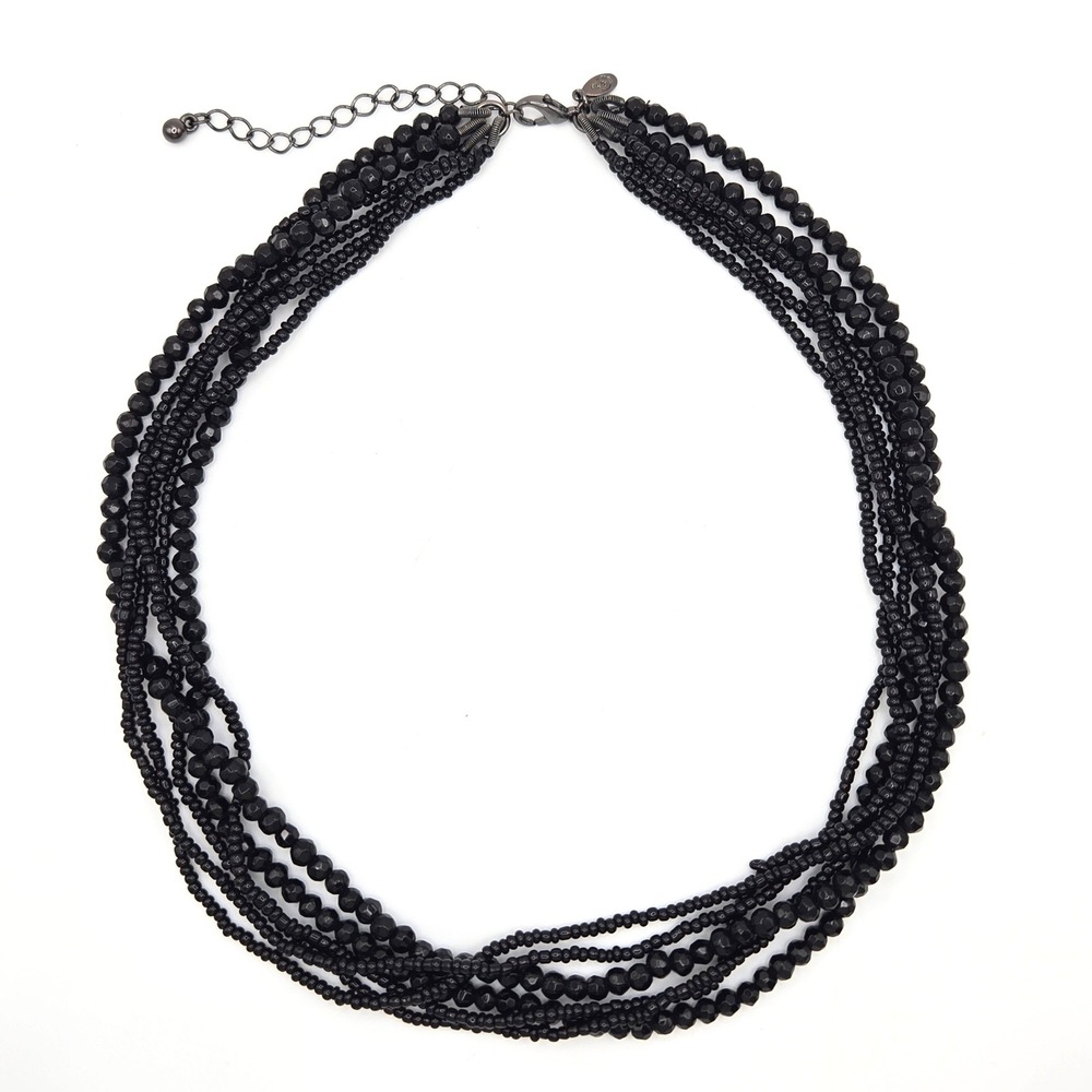 Multi‎ Strand Premier Designs Black Glass Beaded Necklace Gunmetal Clasp Signed